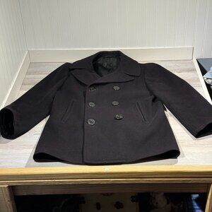 Vintage Navy DSA Wool Kersey Pea‎ Coat Mens 38 Double Breast Navy Blue